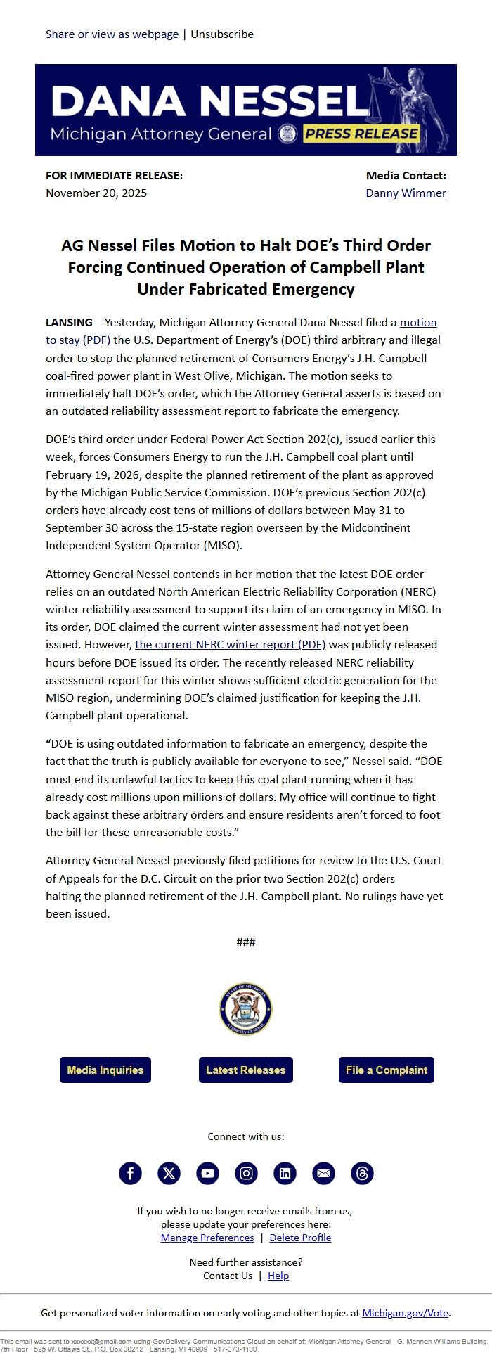 Screenshot of the email generated on import