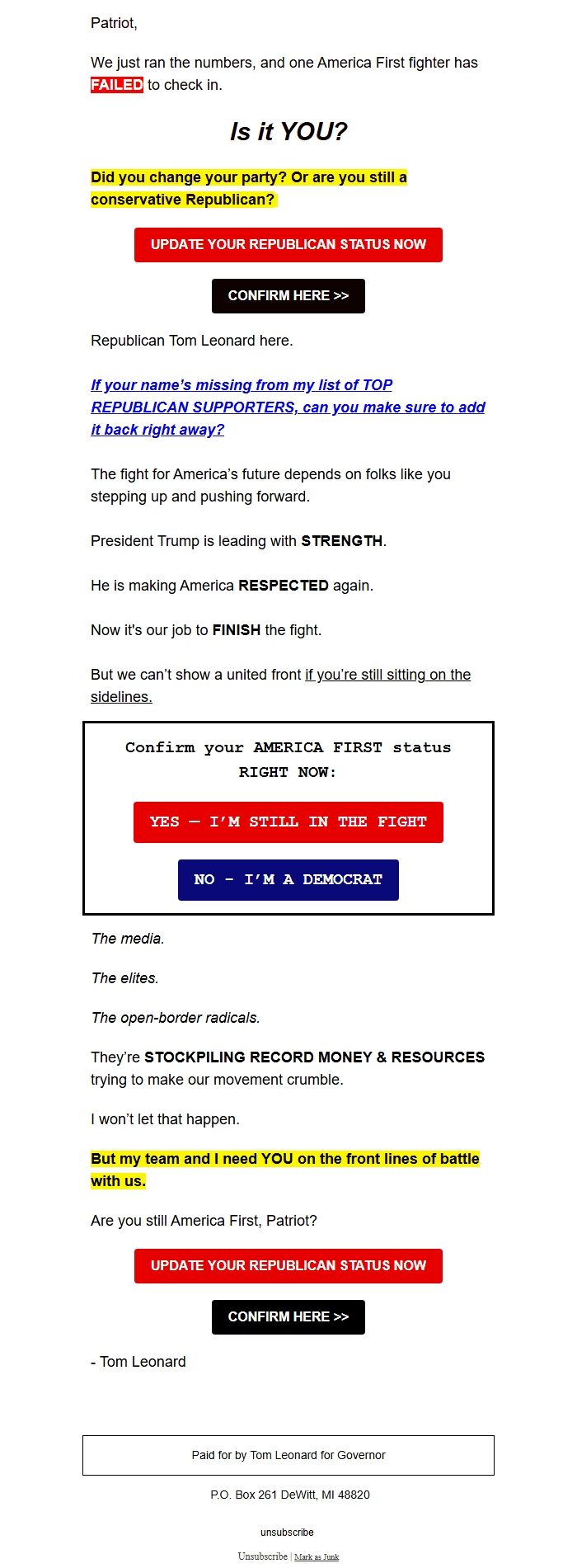 Screenshot of the email generated on import