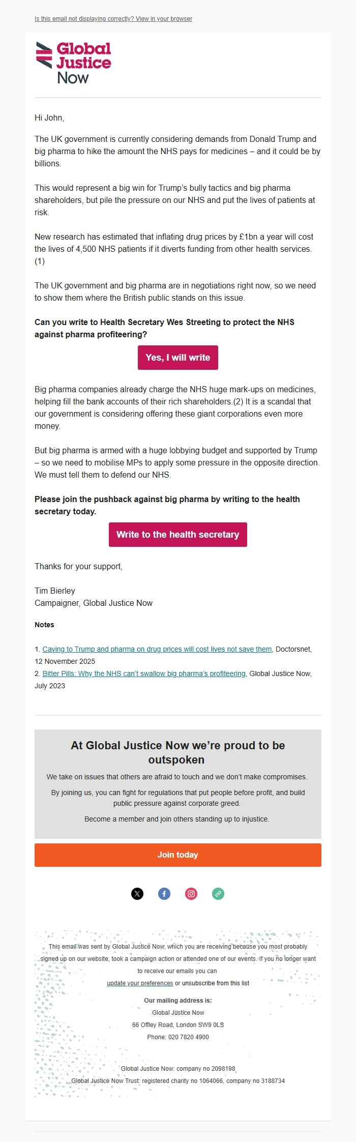 Screenshot of the email generated on import