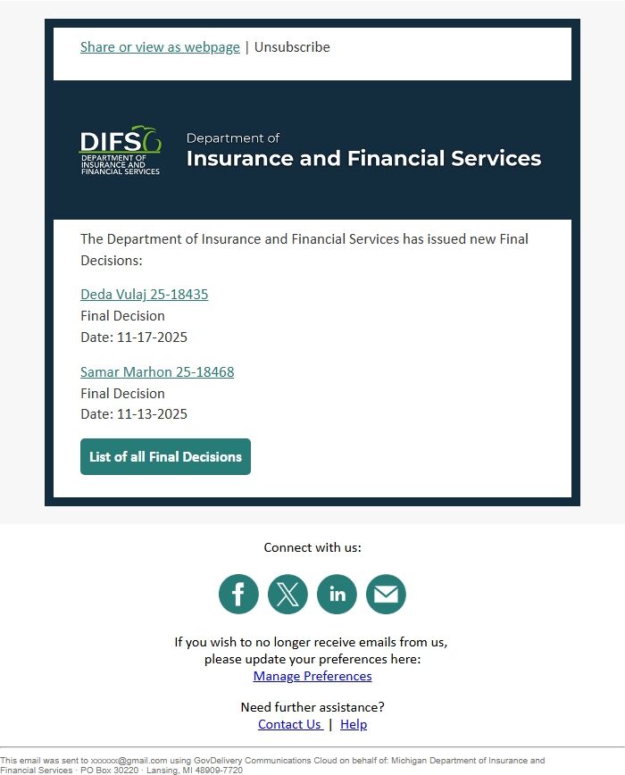 Screenshot of the email generated on import