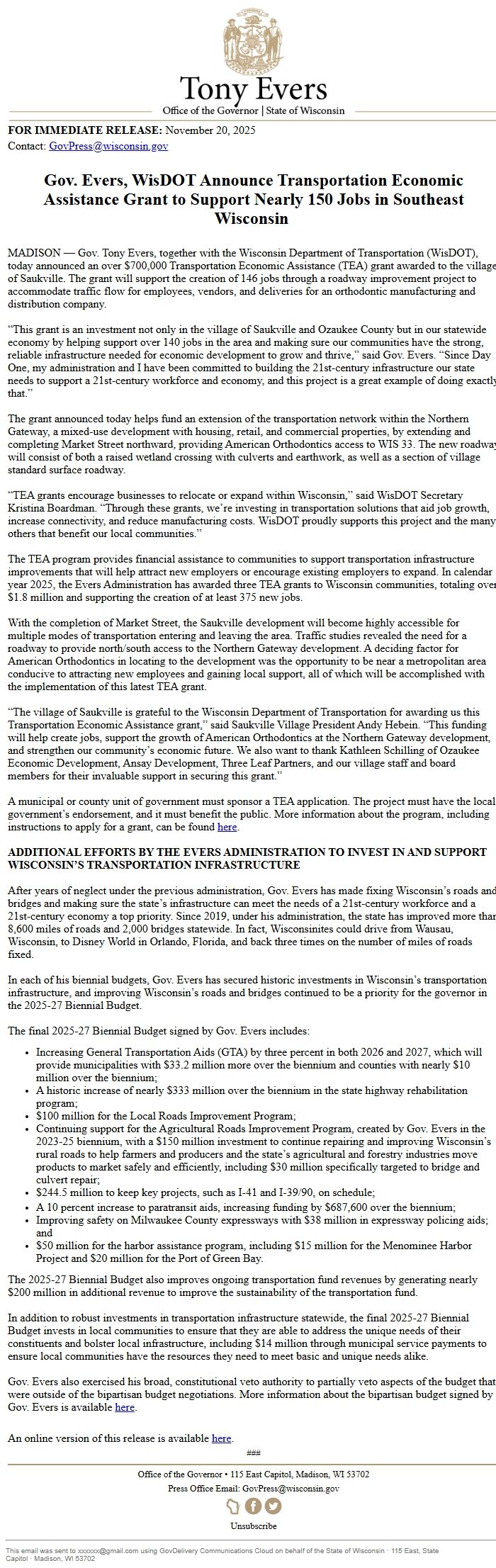 Screenshot of the email generated on import