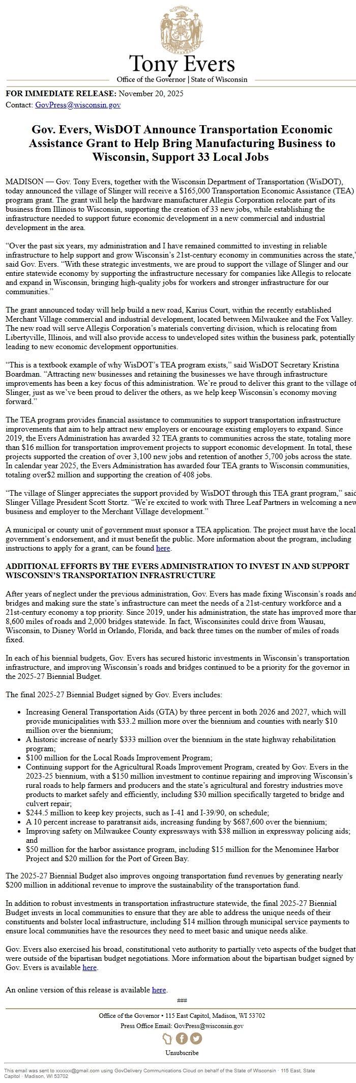 Screenshot of the email generated on import