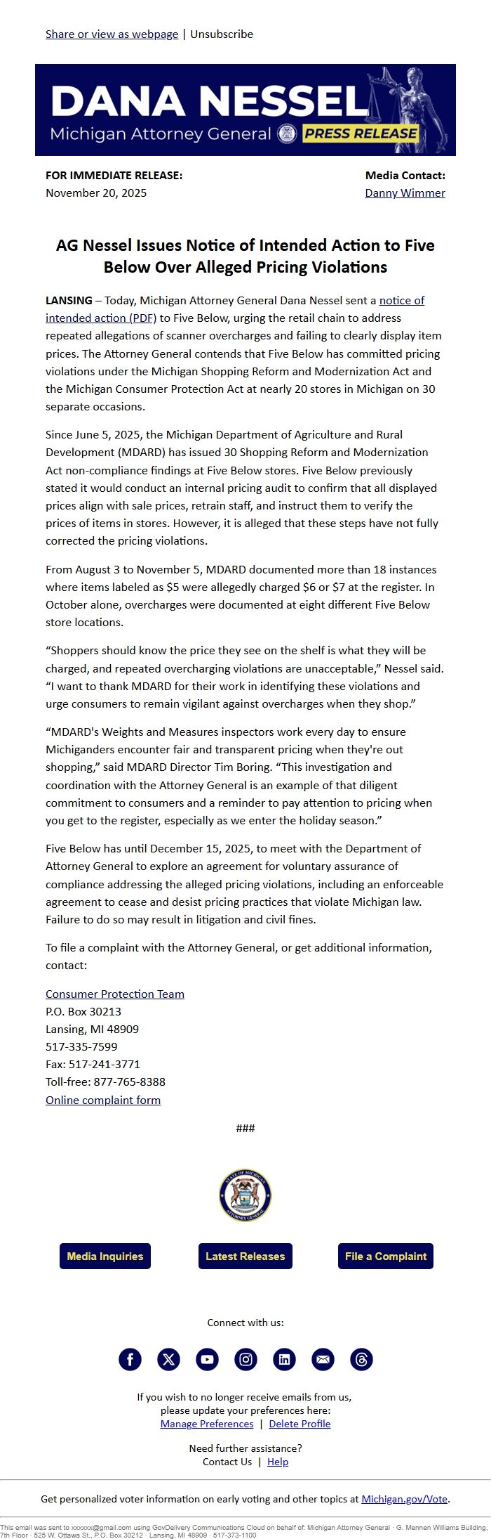 Screenshot of the email generated on import