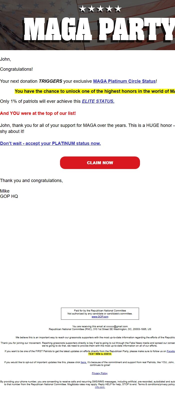 Screenshot of the email generated on import