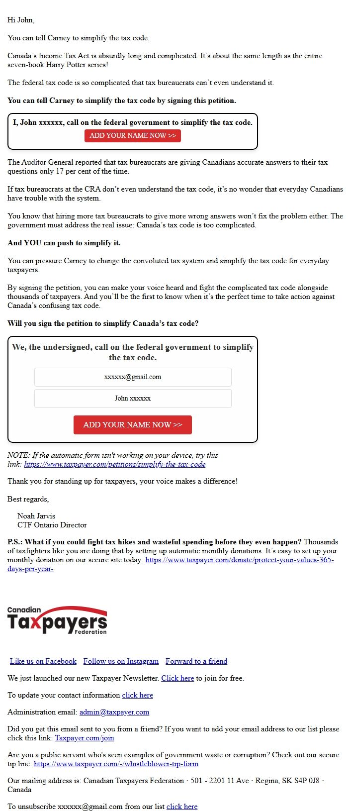 Screenshot of the email generated on import