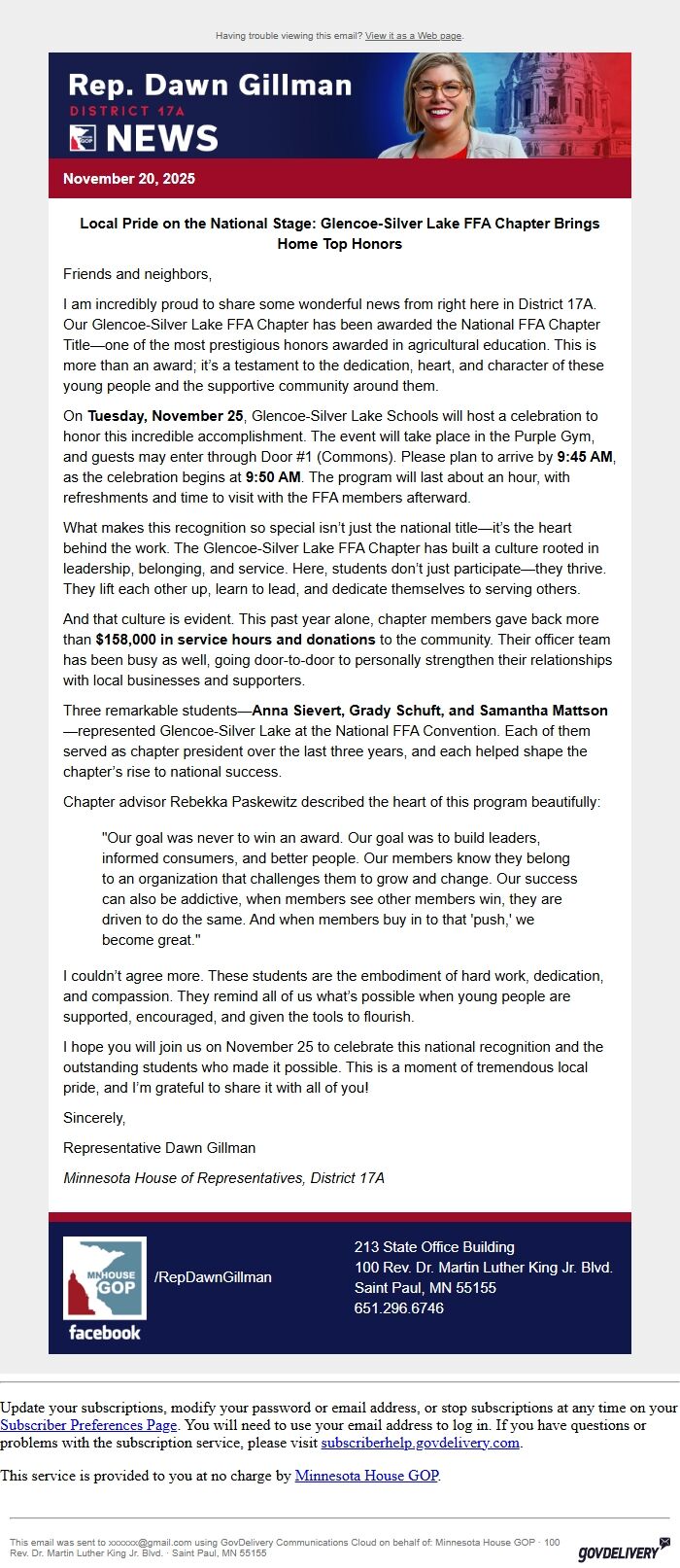 Screenshot of the email generated on import