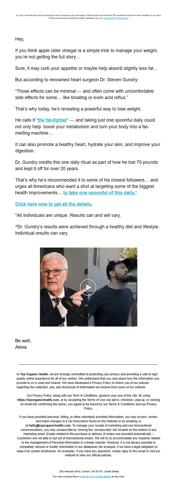 Screenshot of the email generated on import