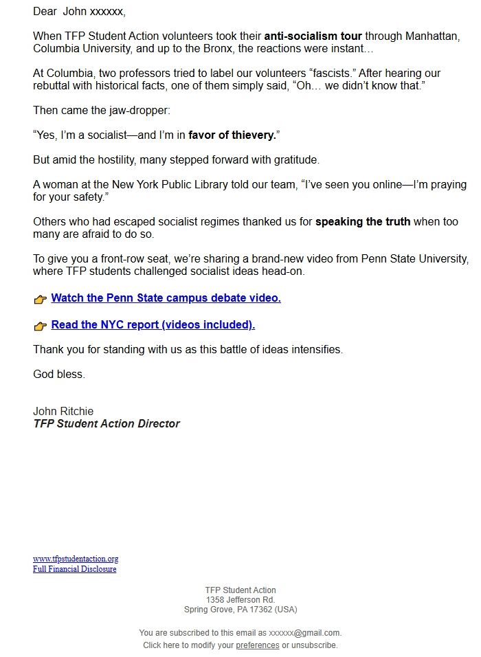 Screenshot of the email generated on import