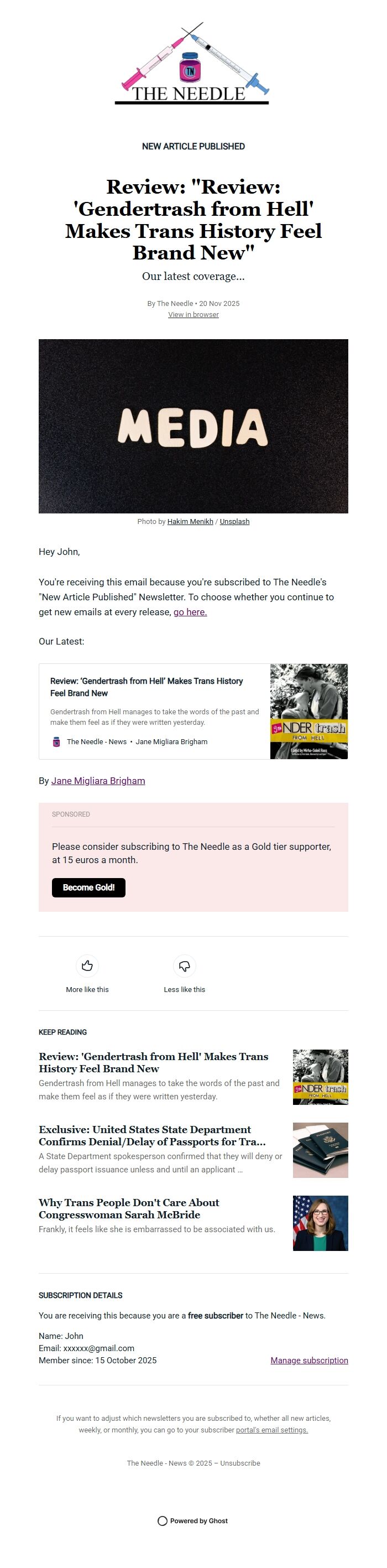 Screenshot of the email generated on import