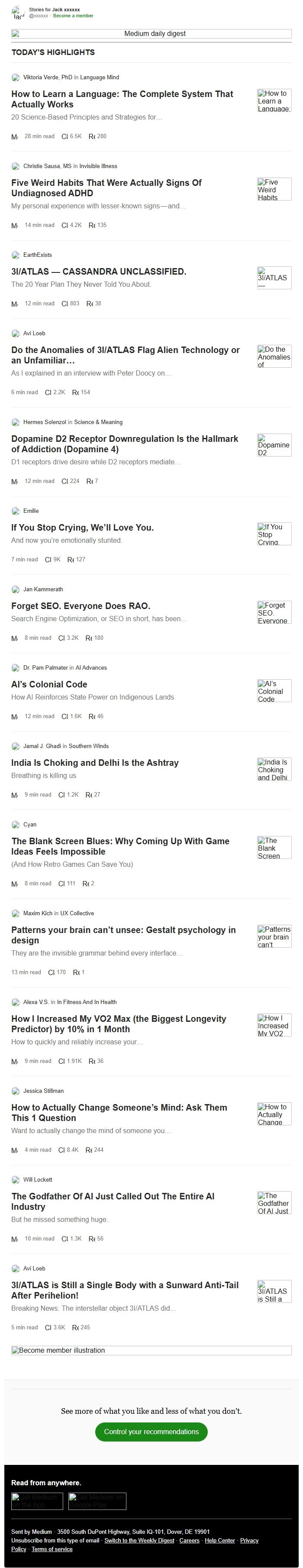 Screenshot of the email generated on import