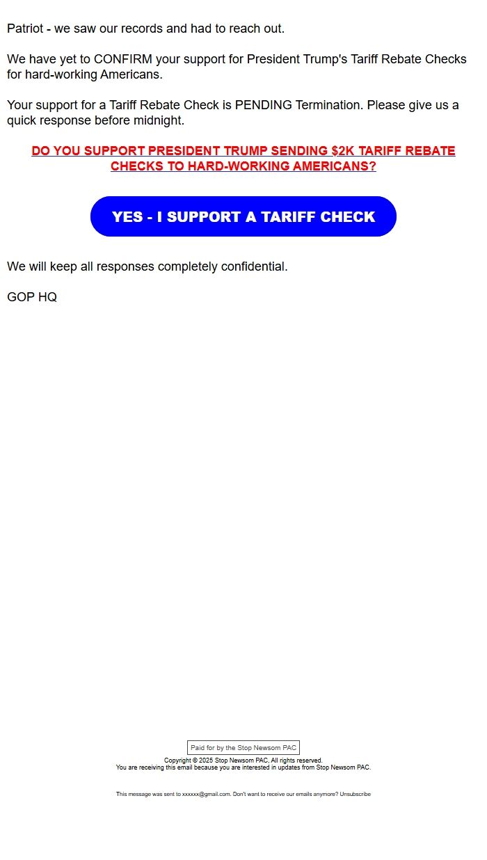 Screenshot of the email generated on import