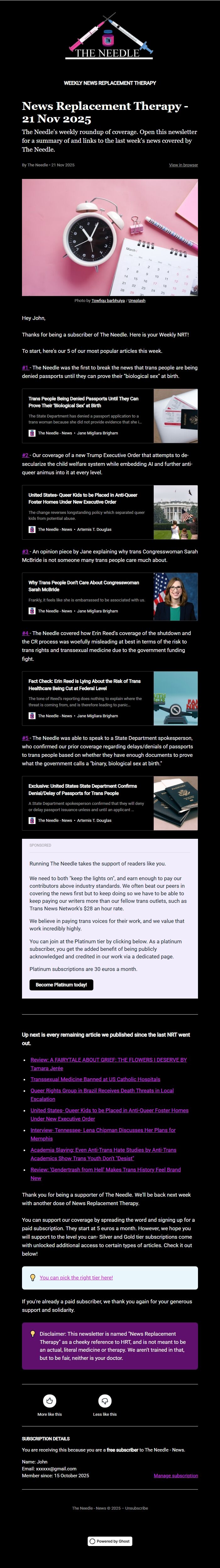 Screenshot of the email generated on import