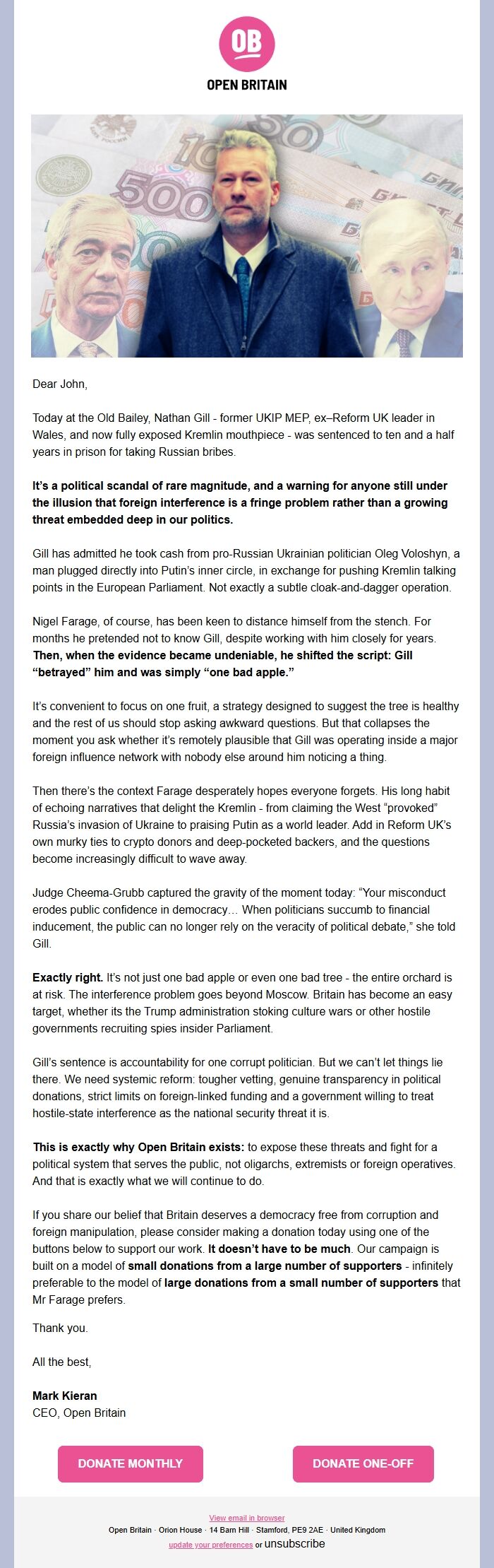 Screenshot of the email generated on import