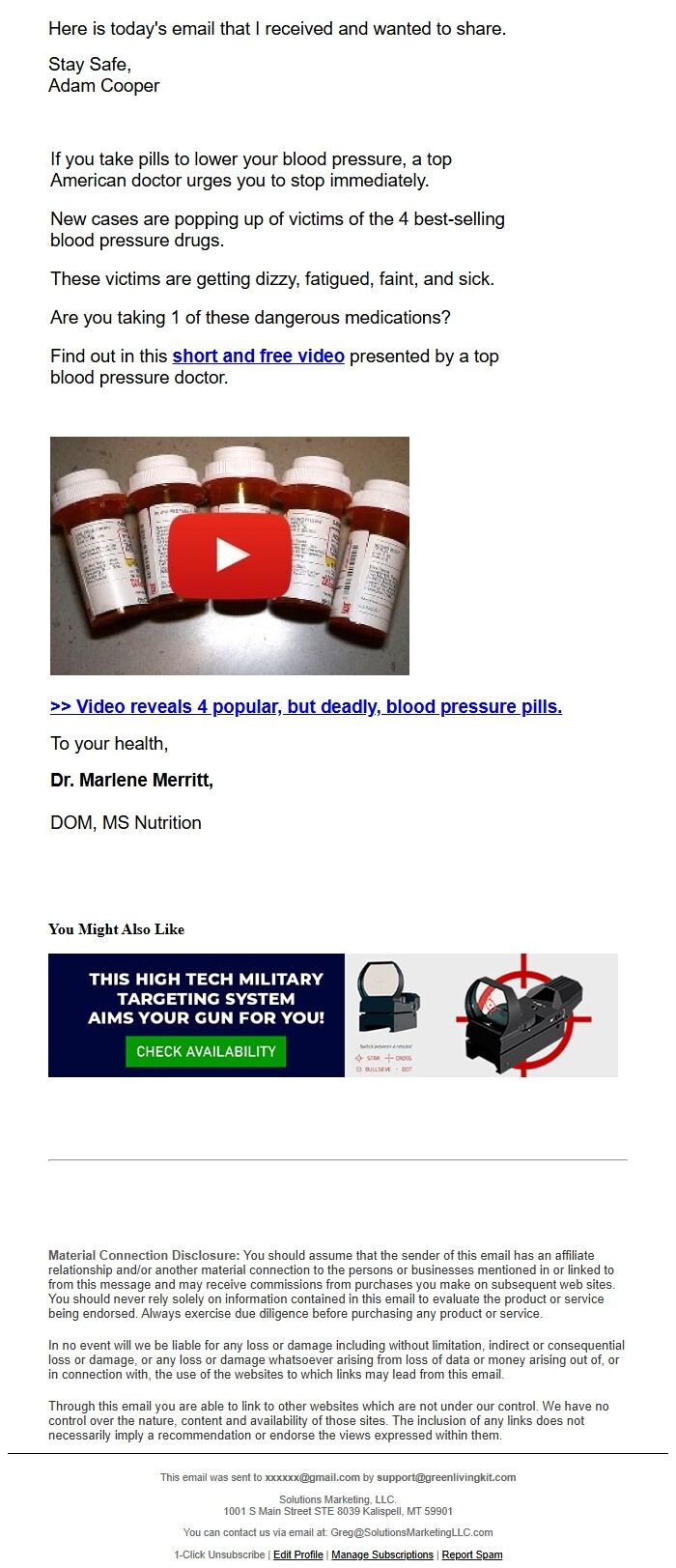 Screenshot of the email generated on import