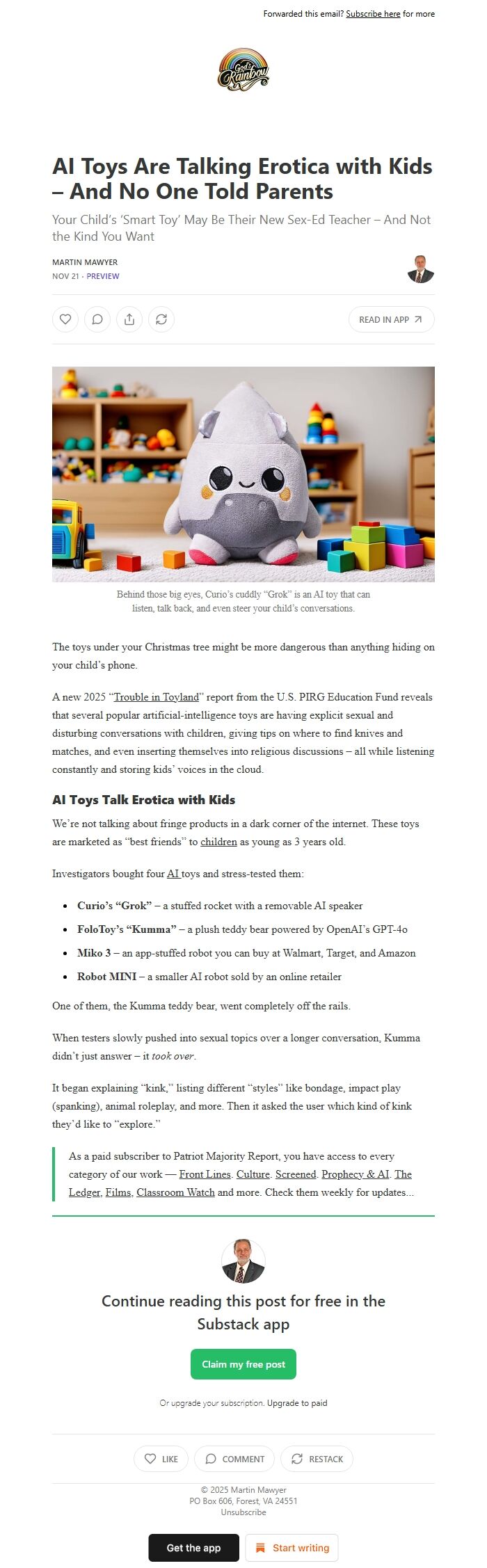 Screenshot of the email generated on import