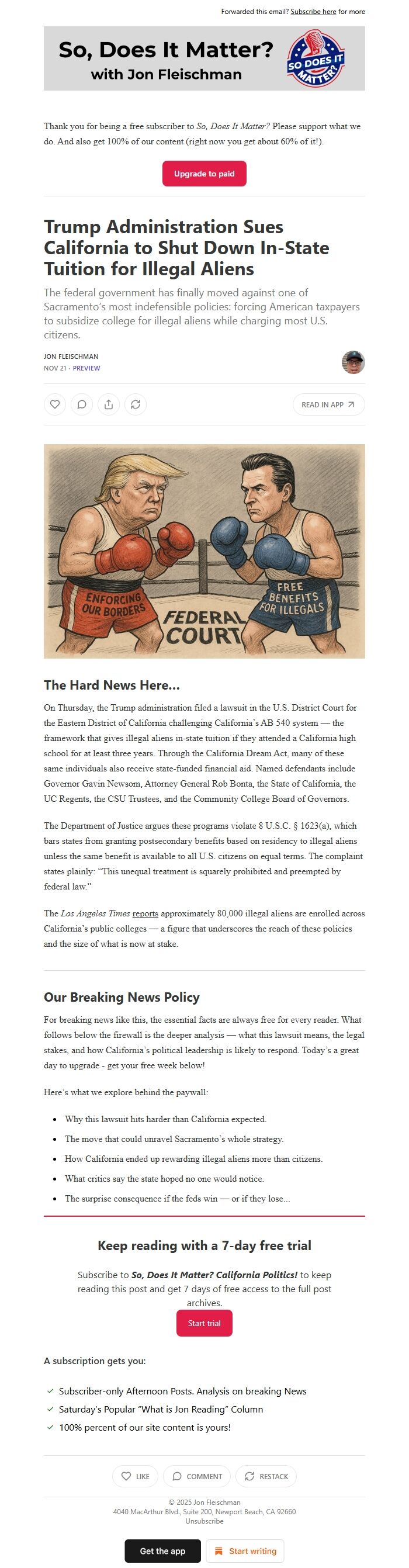 Screenshot of the email generated on import