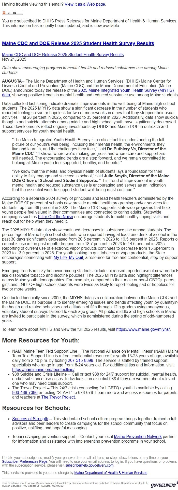 Screenshot of the email generated on import