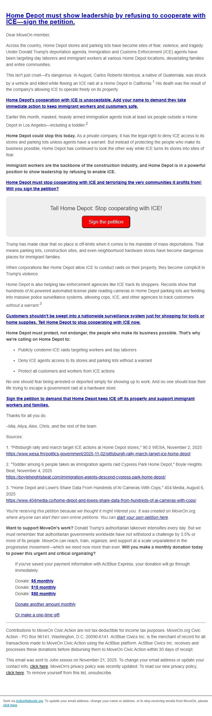 Screenshot of the email generated on import