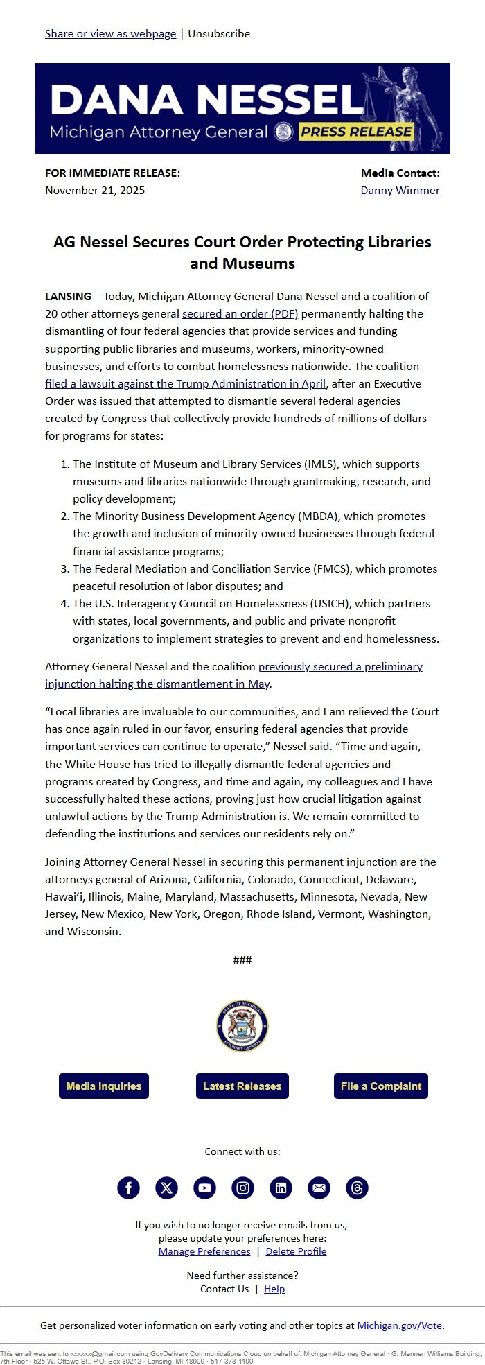 Screenshot of the email generated on import