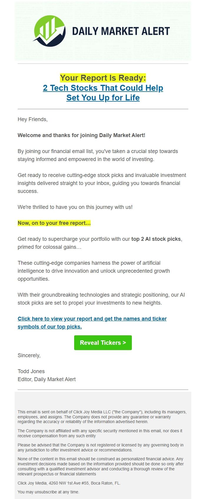 Screenshot of the email generated on import