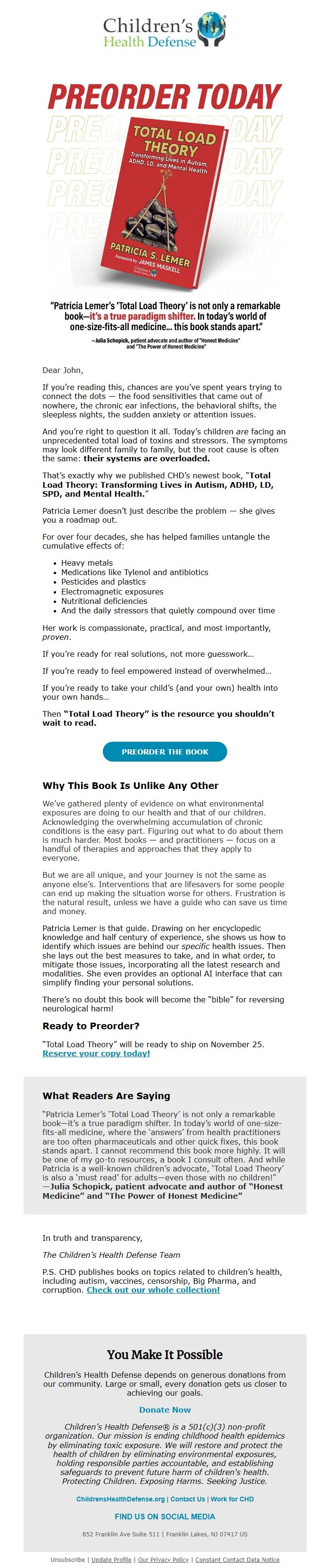 Screenshot of the email generated on import