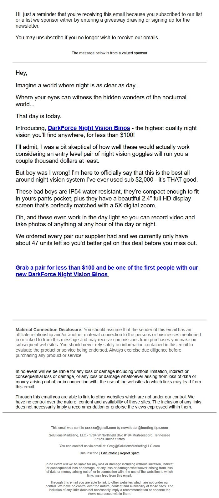 Screenshot of the email generated on import