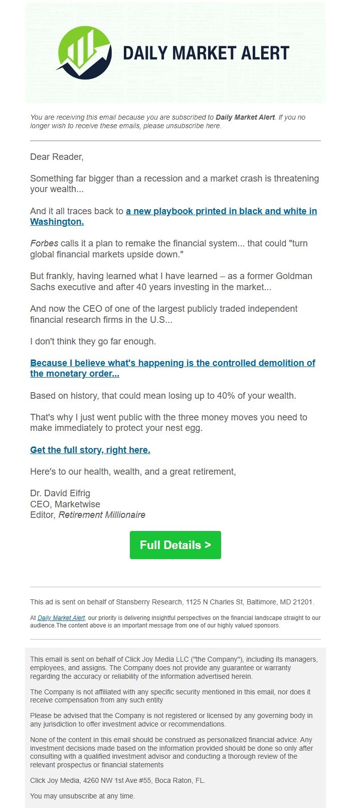 Screenshot of the email generated on import