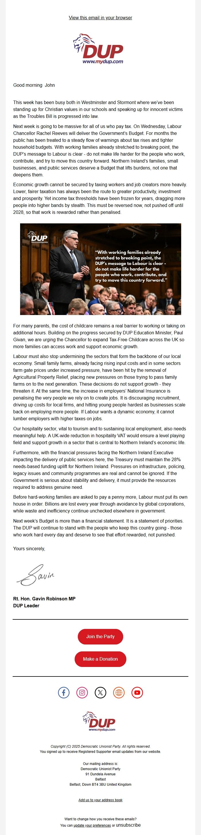 Screenshot of the email generated on import