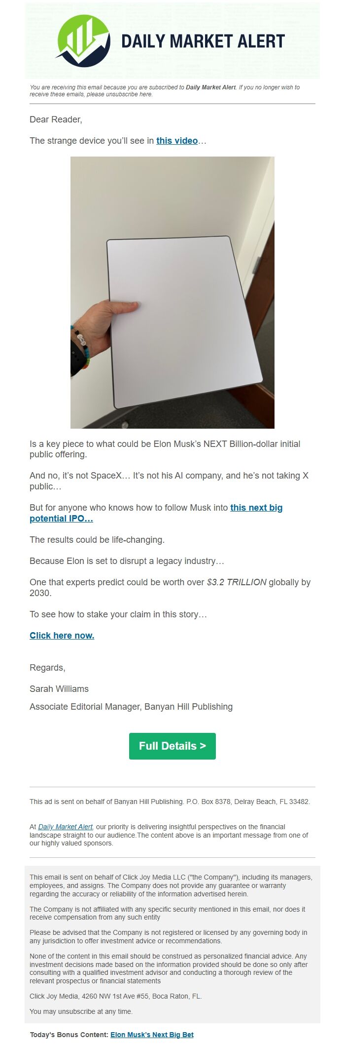 Screenshot of the email generated on import