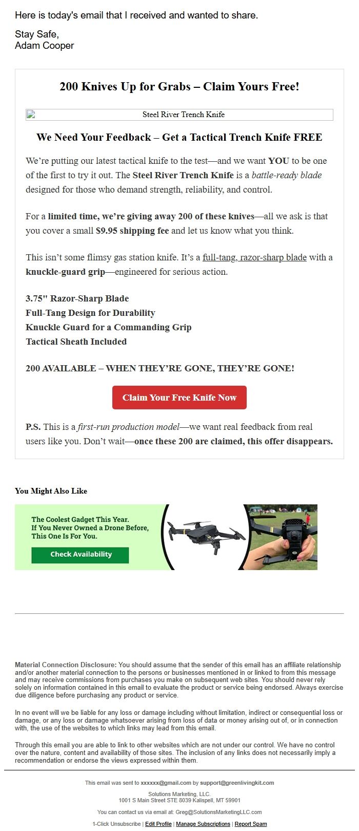 Screenshot of the email generated on import