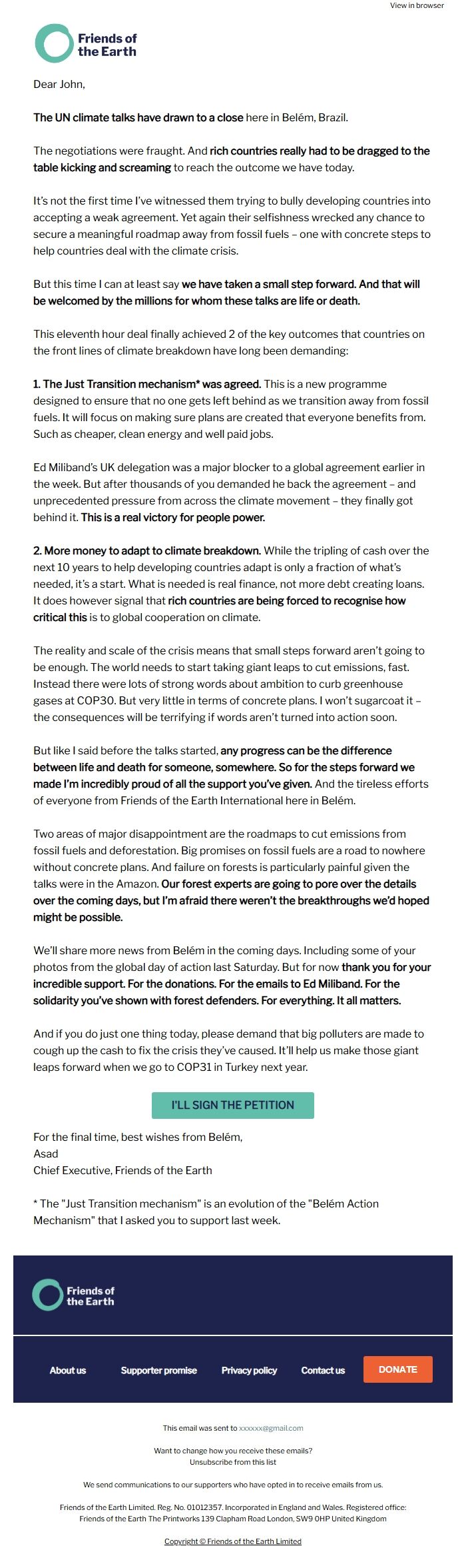 Screenshot of the email generated on import