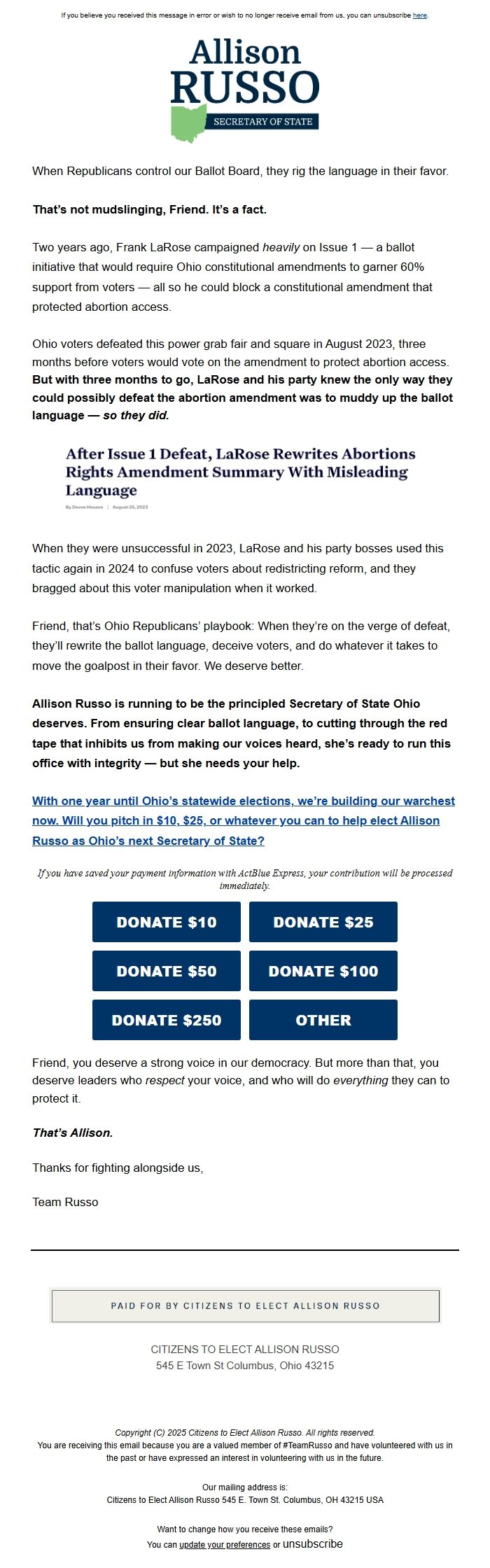 Screenshot of the email generated on import