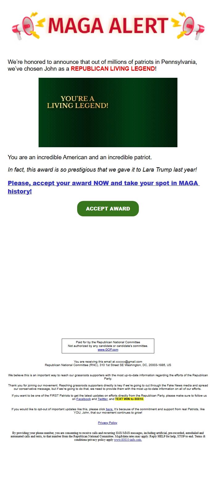 Screenshot of the email generated on import