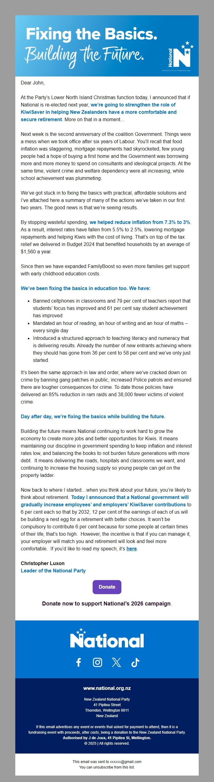 Screenshot of the email generated on import