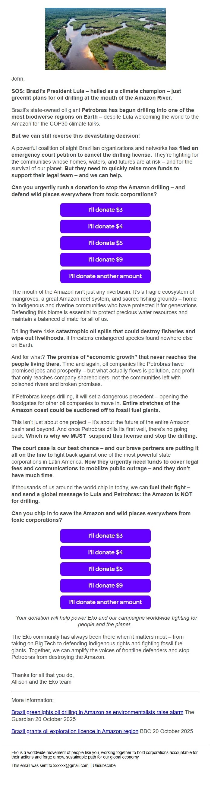 Screenshot of the email generated on import