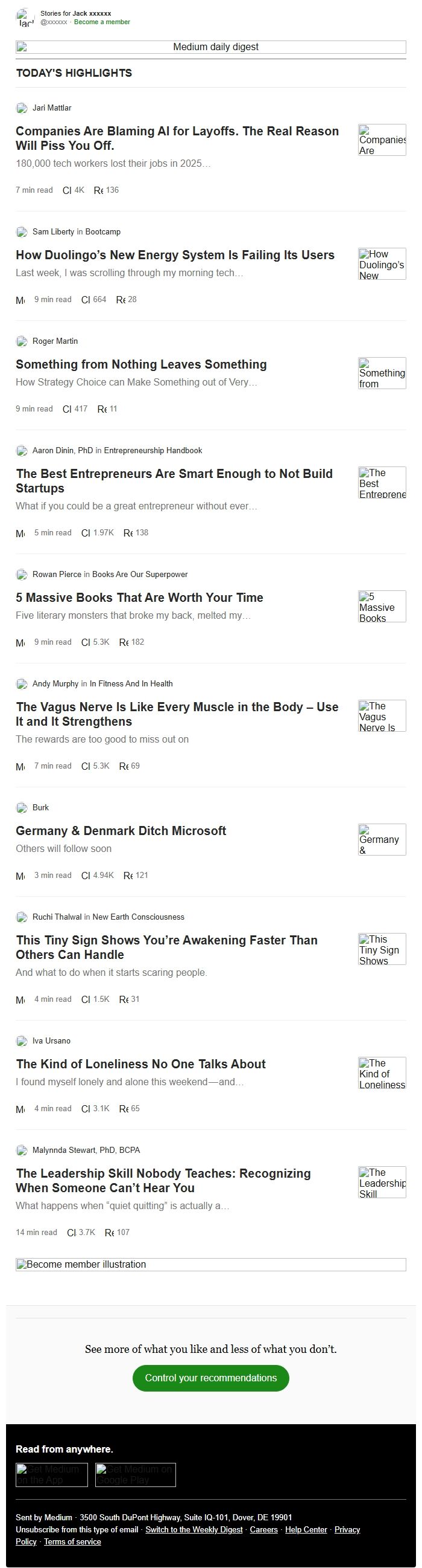 Screenshot of the email generated on import