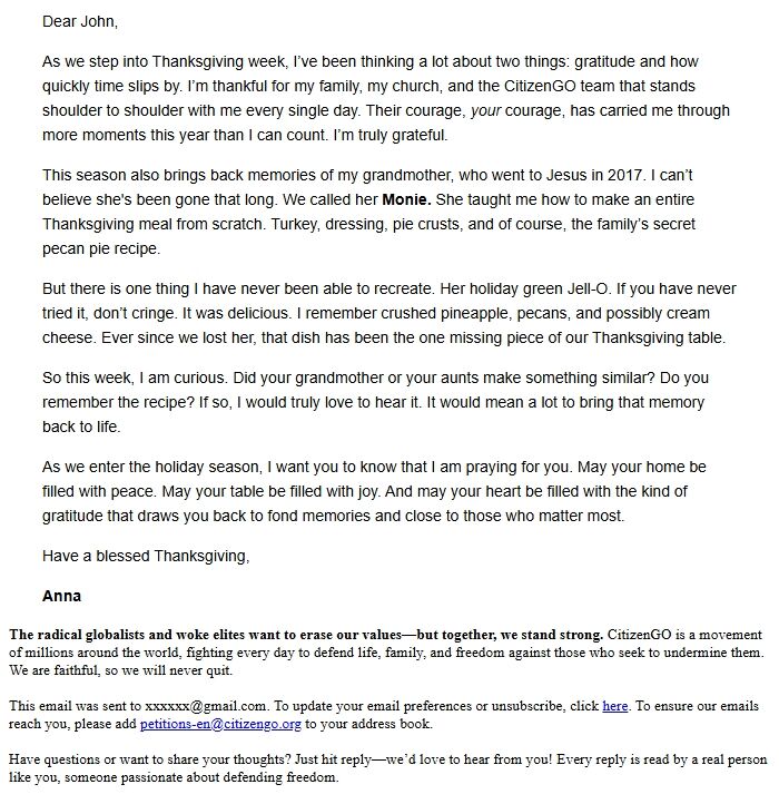 Screenshot of the email generated on import