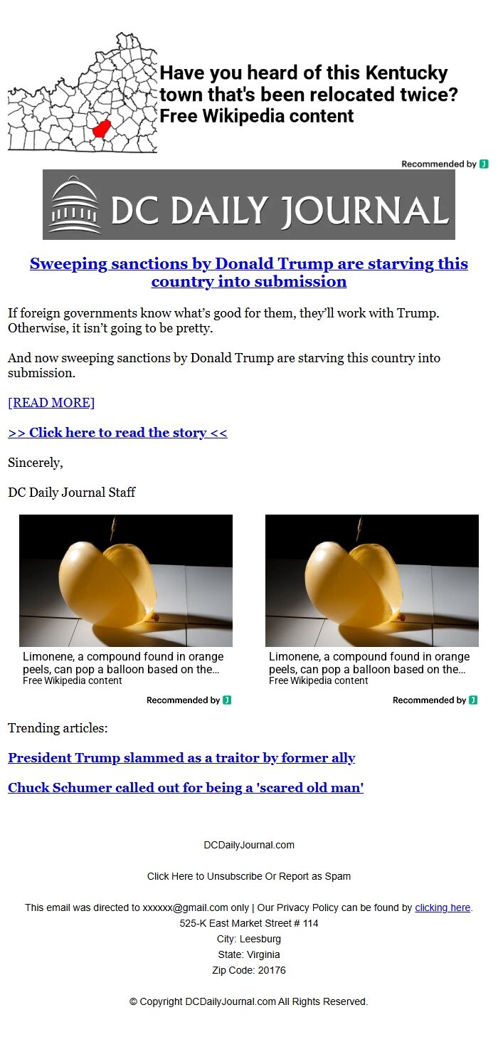 Screenshot of the email generated on import