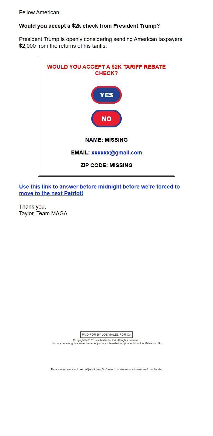 Screenshot of the email generated on import