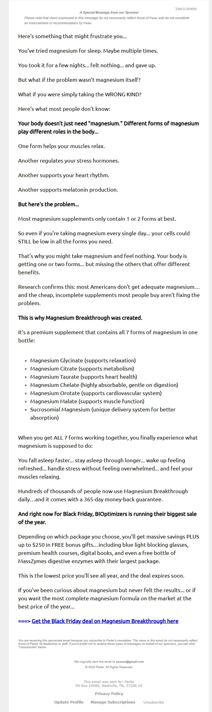 Screenshot of the email generated on import