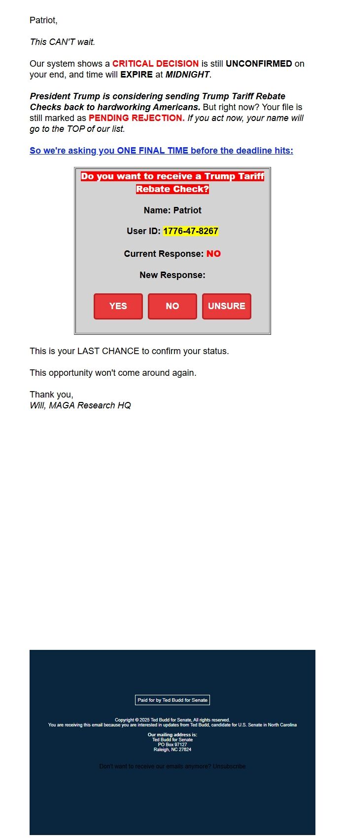 Screenshot of the email generated on import