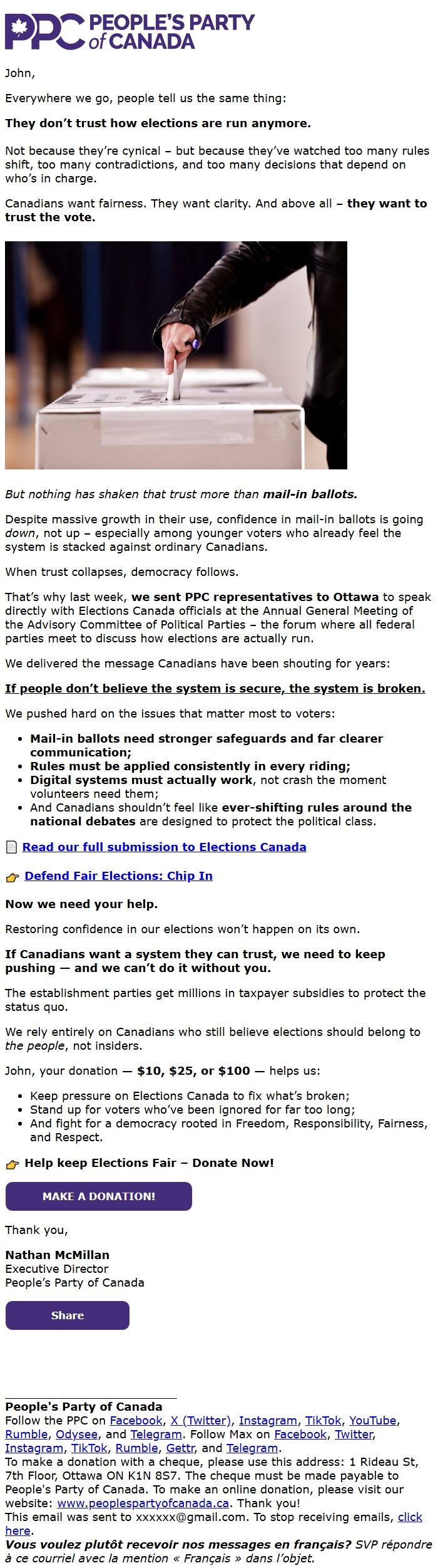 Screenshot of the email generated on import