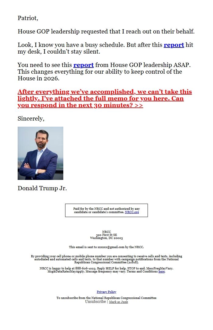 Screenshot of the email generated on import