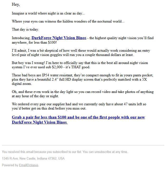 Screenshot of the email generated on import