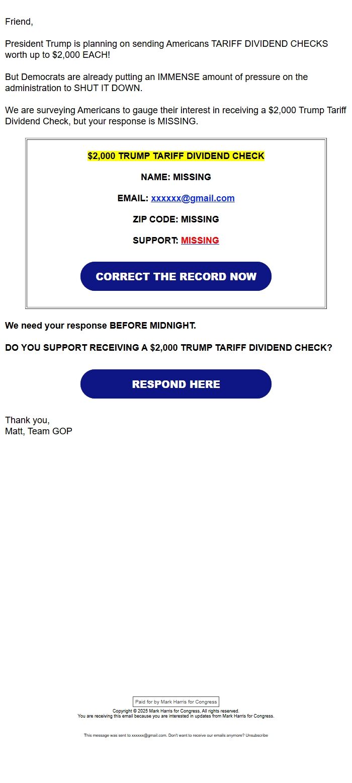 Screenshot of the email generated on import