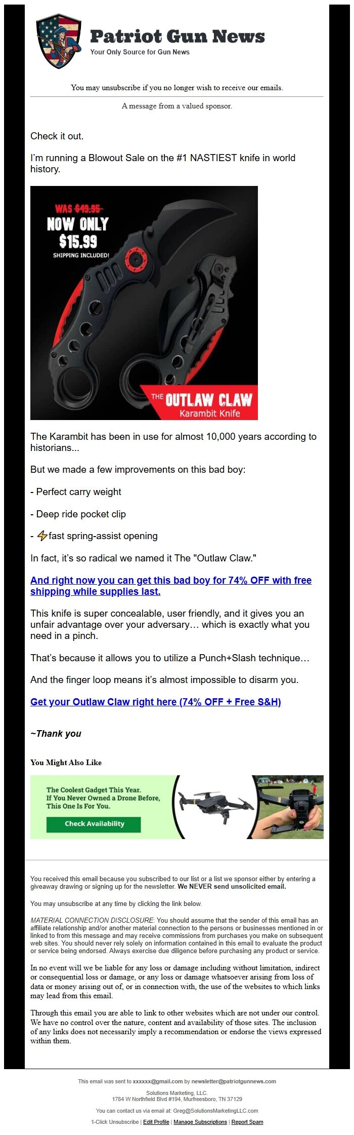 Screenshot of the email generated on import