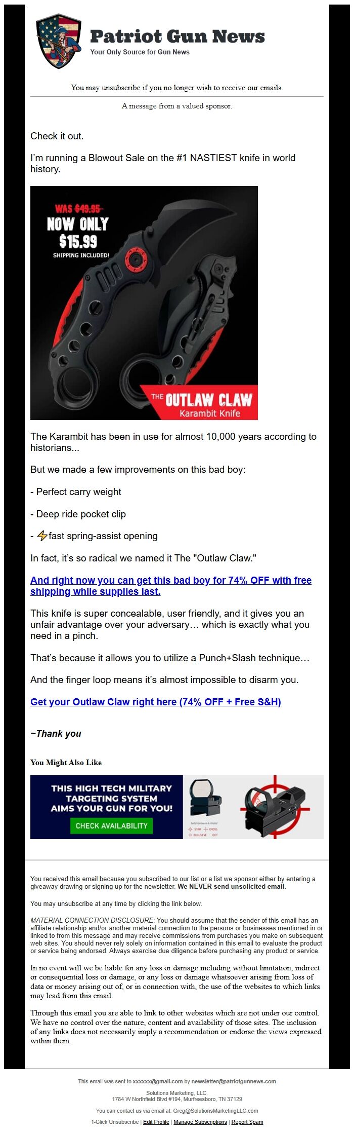 Screenshot of the email generated on import