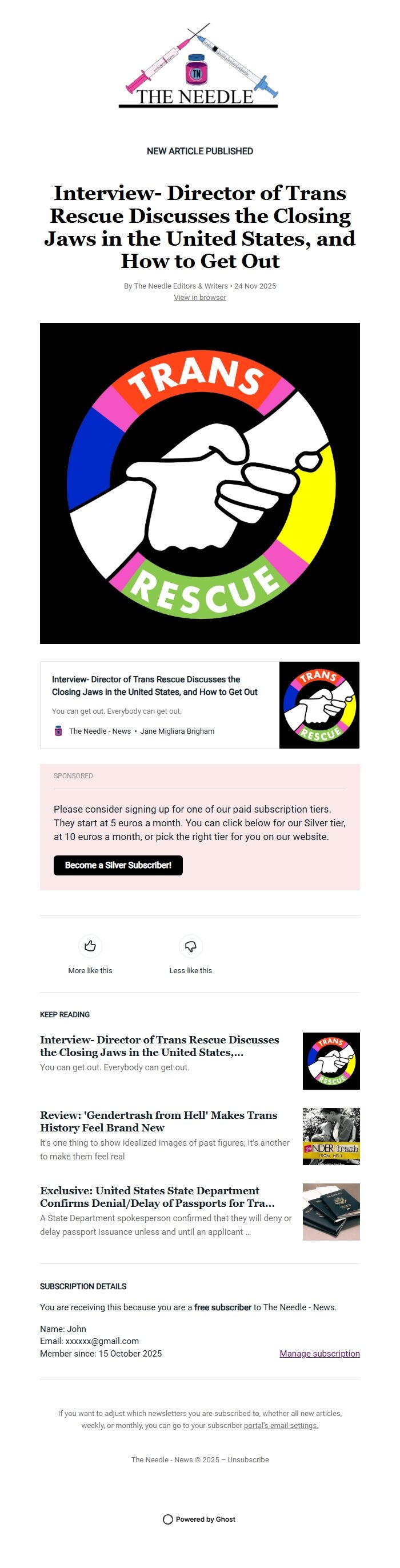 Screenshot of the email generated on import