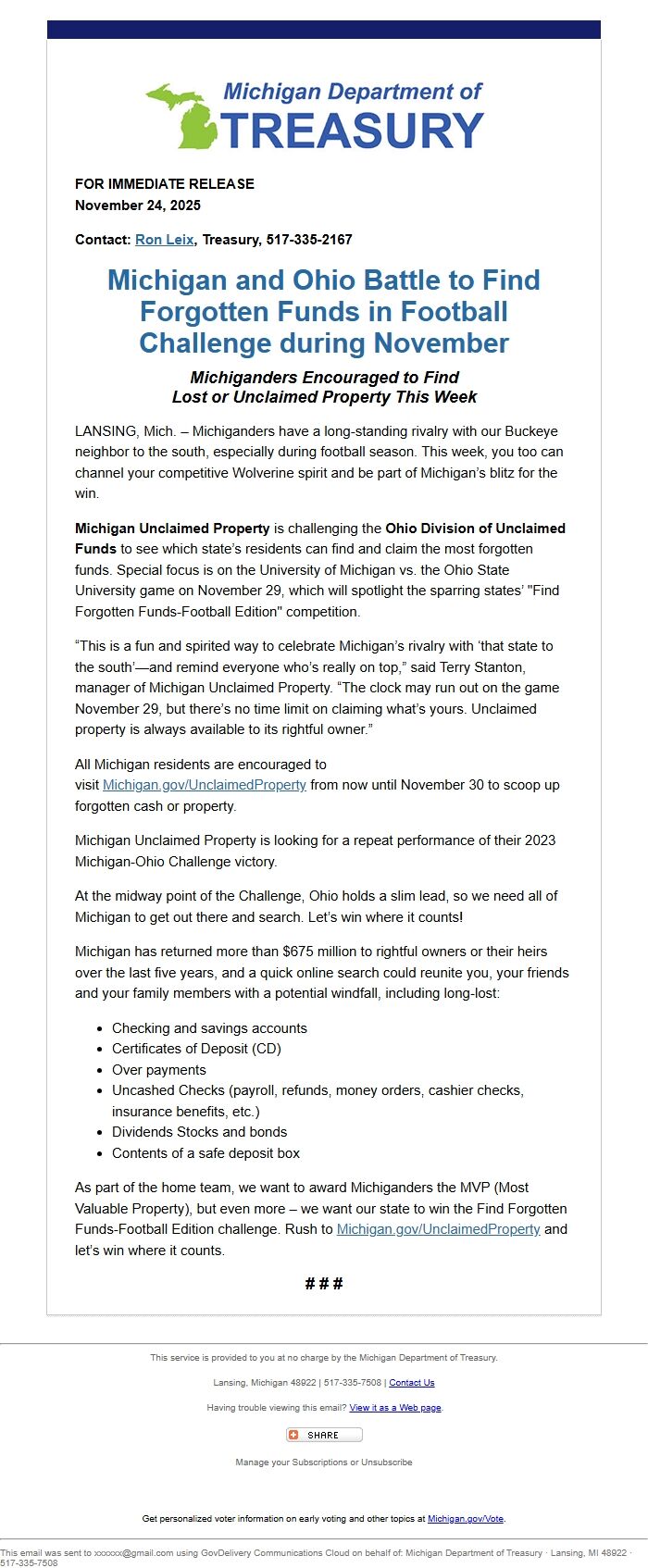 Screenshot of the email generated on import