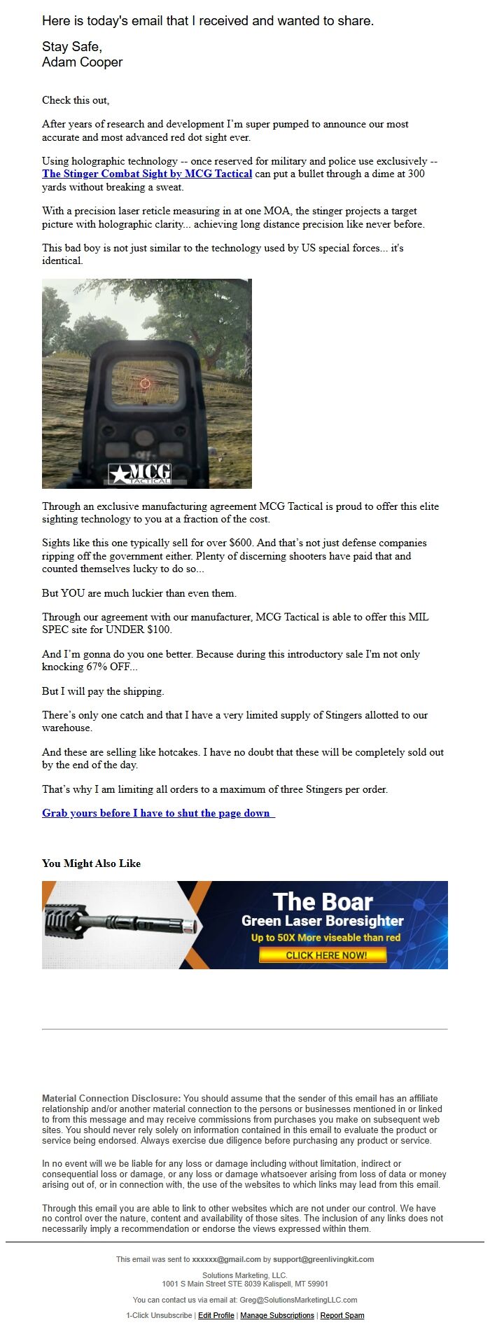 Screenshot of the email generated on import